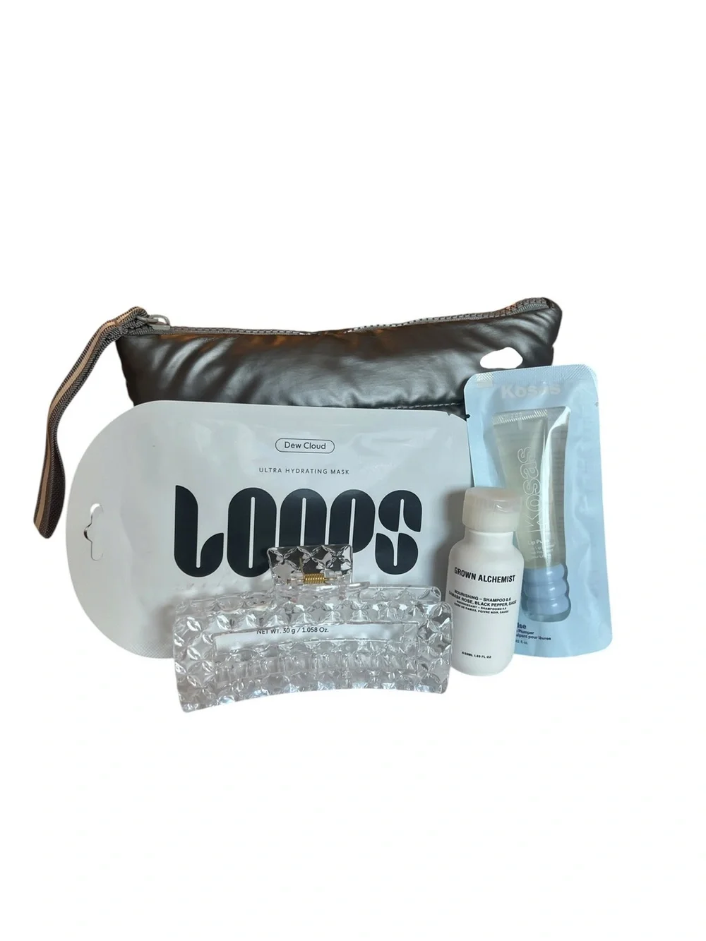 Puffer Makeup Bag Bundle: Kosas Lip Plumper, LOOPS Mask, Hair Claw Clip, Shampoo